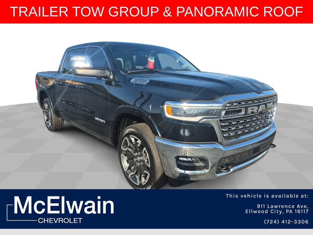 2025 RAM 1500 Limited Longhorn Crew Cab 4x4 5'7" Box in Black — front three-quarter view